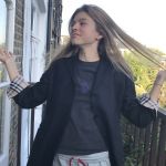 Delia is modelling her mother's jackets: Burberry jacket bought 1990